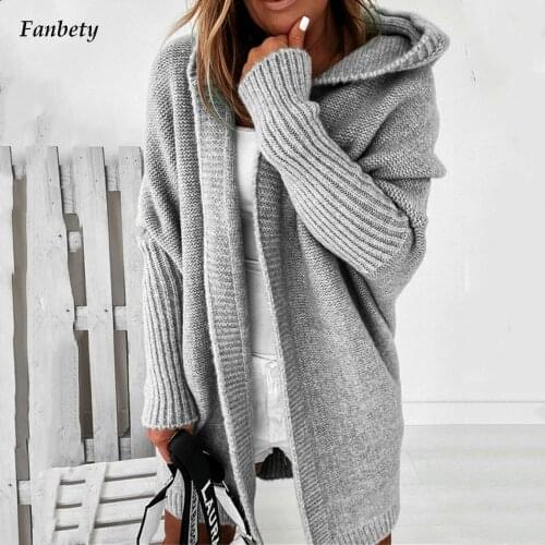 Women Knitted Cardigan Sweater 2021 Autumn Lady Casual Hooded Soft Knitting Sweater Solid Color Batwing Sleeve Loose Jumper Tops