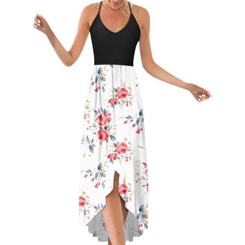 Women Floral Patchwork Dress Off Shoulder Open Back Long Maxi Loose Dress Summer Beach Lady V Neck Sleeveless Floral Print Dress