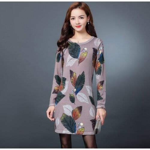 Women Sweater Dress Winter Autumn Floral Printed Long Sweaters Female Fashion Printing Knit Dress Pullovers