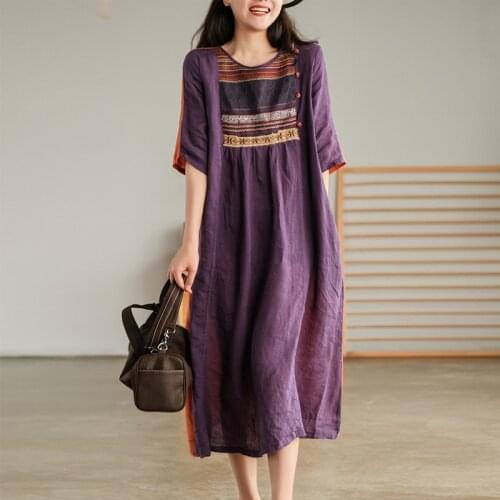 Johnature Women Vintage Dress Cotton Linen O-Neck Short Sleeve Button Clothes 2021 Summer New Patchwork Loose Casual Dresses