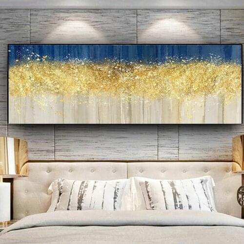 Gold Foil and Blue Abstract Canvas Painting Landscape Posters and Prints Tableaux Cuadros Wall Art Picture for Living Room Decor