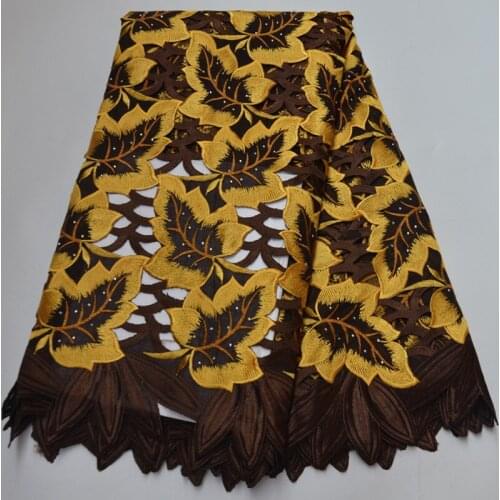 5yards/pc) High quality hollow out African cotton lace coffee gold embroidered Swiss voile lace fabric for party dress CLP472