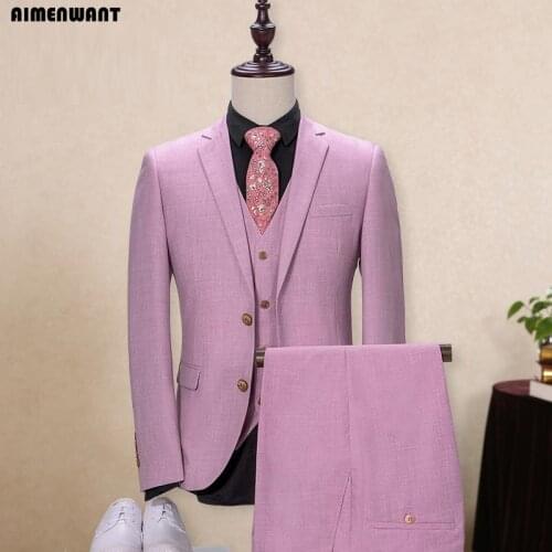 AIMENWANT 2017 Fashion Pink Purple Single Breasted Suit For Men Size Custom Made Personal Size Fitted Jacket+Pants+Vest 3pcs Set