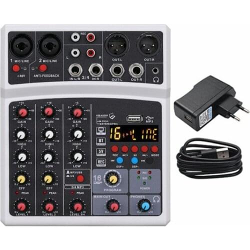 Wireless 4 Channels Audio Sound Mixer Mixing DJ Console USB with 48V Phantom Power 16 DSP Effects