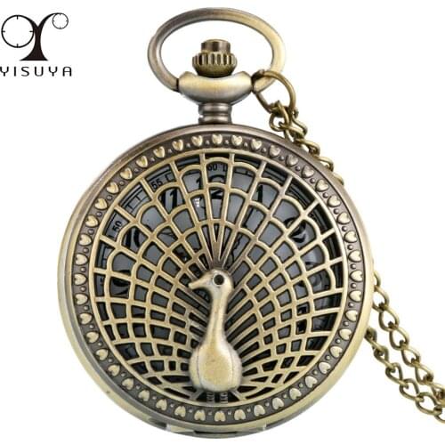 Hollow Peacock Design Necklace Watch Quartz Retro Pocket Watch Arabic Numerals Display Antique Clock Gifts Men Women with Chain