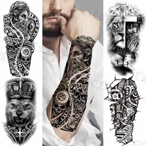 Black Tribal Totem Temporary Tattoos For Women Adult Mechanical Arm Lion Cross Crown Fake Tattoo Body Art Half Sleeve Tatoos