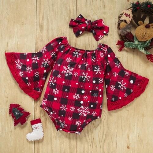 Princess Baby Girls Christmas Party Clothes Cute Plaid Snowflake Long Flare Sleeves Romper+Hairband for Toddler Girls