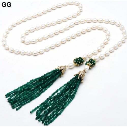 GG Natural White Rice Pearl Green Faceted Agate Tassel CZ Pave Pendant Long Necklace Sweater Chain Necklace For Party Women Gift