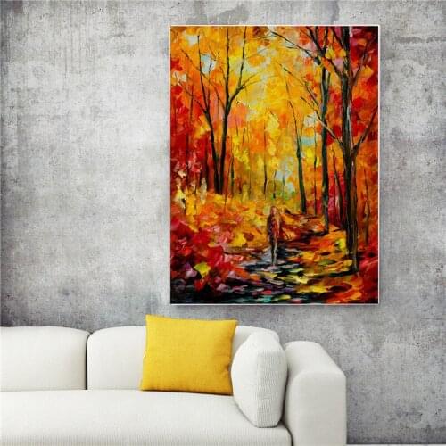 Golden Red Forest Woods Decorative Painting Poster Forest Path Living Room Sofa Wall Background Artist Home Canvas Poster Craft