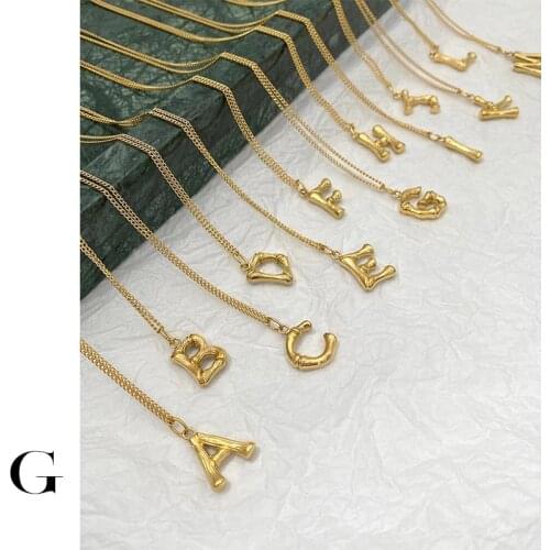 GHIDBK Cool Minimalist Street Style Bamboo A-Z Alphabets Initials Letters Pendant Collars Chokers Necklaces in Stainless Steel