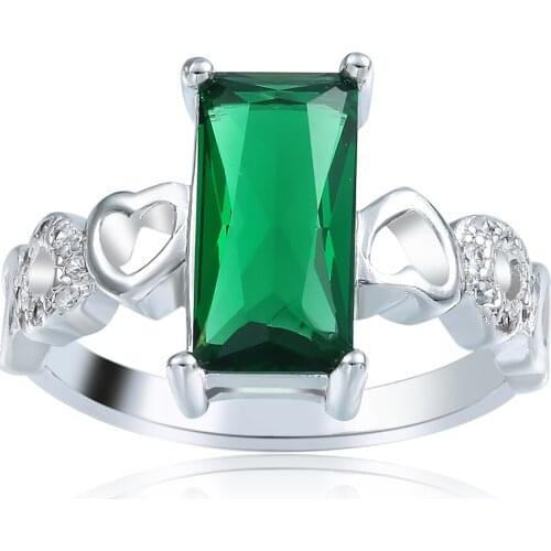 Hainon Fashion Silver Color Ring Womens Square Green Engagement Rings Jewelry Hollow Heart Romantic