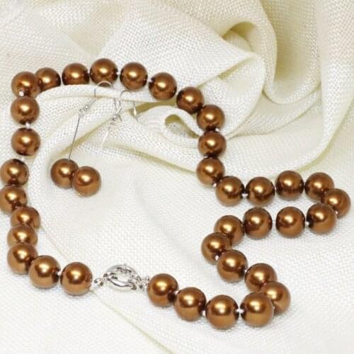 Simulated Pearl Shell Round Beads Bridal Jewelry Set Fashion Wedding Jewelry Necklace Earring Bronze Sets For Women 18inch B2337