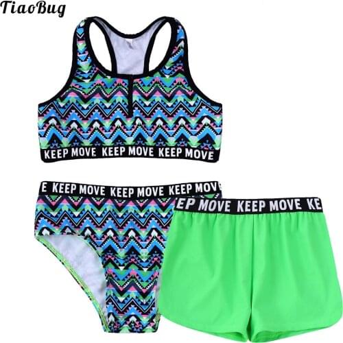 TiaoBug Summer 3Pcs Kids Girls Swimsuit Round Neck Racer Back Front Zipper Crop Tops With Briefs And Shorts Set Beach Swimwear