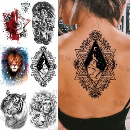 Mandalay Geometric Wolf Moon Temporary Tattoos For Women Men Fake Samurai Lion Tiger Rose Tattoo Sticker Body Art Tatoos Paste