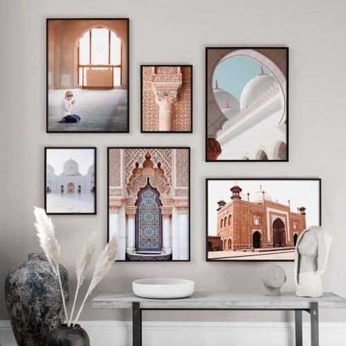 Islamic Wall Art Canvas Painting White Mosque Morocco Door Pillar Nordic Posters And Prints Wall Pictures For Living Room Decor