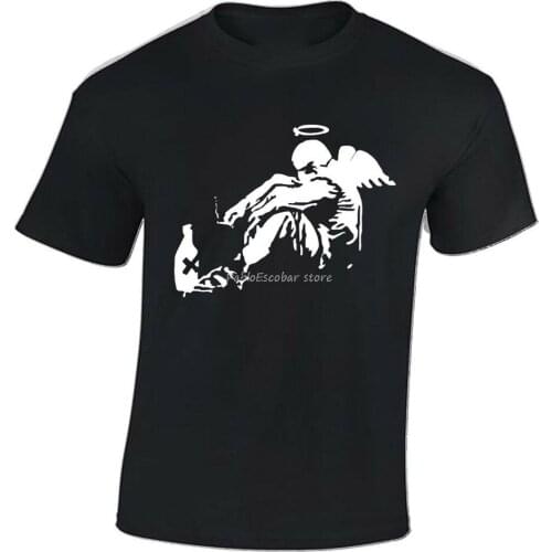 Men cotton t-shirt Banksy Drunken Angel Mens T Shirt Tumblr Street Art Instagram Top Cool Hipster Free Shipping Light Tee Shirt