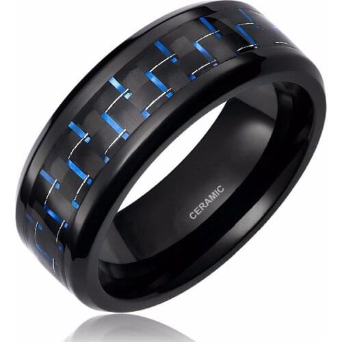 Eamti Men Black 8mm Ceramic Ring Blue Carbon Fiber Inlay Wedding Band Engagement Jewelry Cool Rings For Male Bague Homme Bijoux