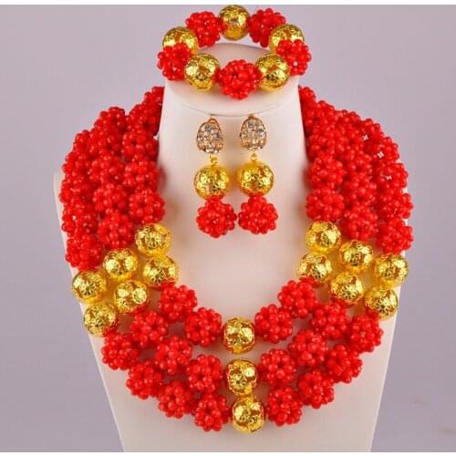 Opaque Red African Wedding Beads Jewelry Set Nigerian Necklace