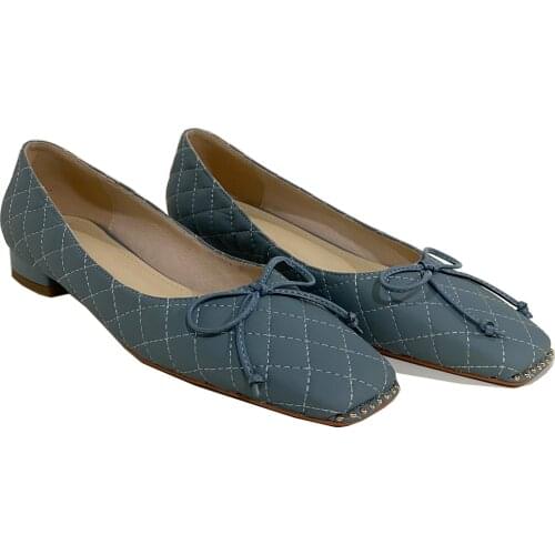 Osunlina Womans Flats Butterfly-Knot Low Heels Square Toe Slip On Genuine Leather Comfortable Sheepskin Handmade Lady Shoes