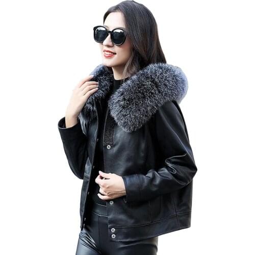 New High quality Real Leather Down Jacket Women Winter Short Sheepskin Outerwear Fox fur collar White duck down Coat Female 3055