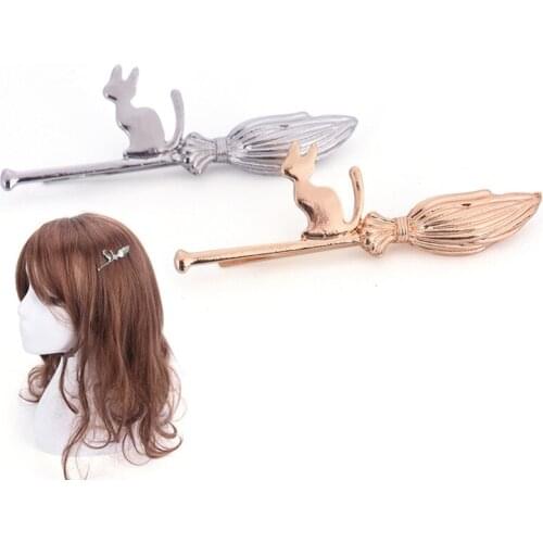 Cute Cat On Magic Broom Metallic Hair Clips And Pins Hairgrips Barrettes For Women Hair Jewelry