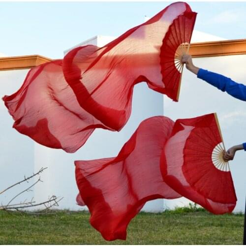 2016 High selling 100% Real Silk Veils 1 Pair handmade women Quality Silk Belly Dance Fan Dance red 180*90 cm