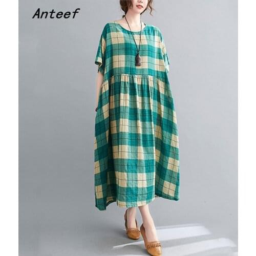 Short sleeve cotton linen vintage plaid dresses for women casual loose long woman summer dress elegant clothes 2021 sundress