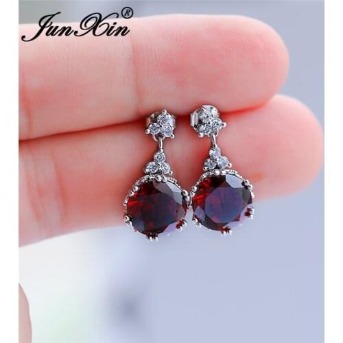 Vintage Party Female Red Stone Stud Earrings For Women White Gold Round Short Earrings Crystal Bridal Wedding Jewelry CZ