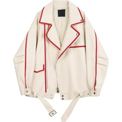 Women Autumn Faux PU Leather jacket Loose With belt Plus size Apricot Zipper Motorcycle Biker Coat Jaqueta de couro