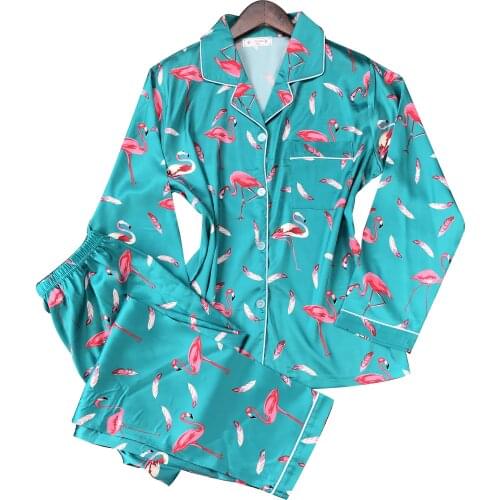 EV&RE Patten Print Satin Womens Sleepwear Full Sleeves with Trousers Womens Pajamas Turn Down Collar Ladies Summer Home Suits
