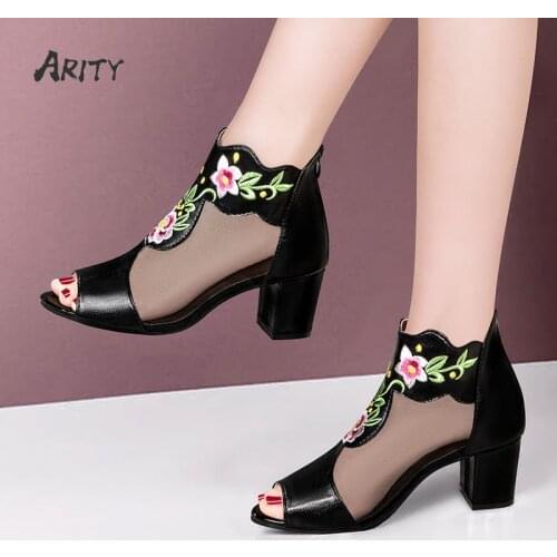 Women Summer Embroidered Shoes 2021 New Ethnic Mesh Breathable Sandals Thick Heel Fish Mouth Womens Hollow High Heels Pumps