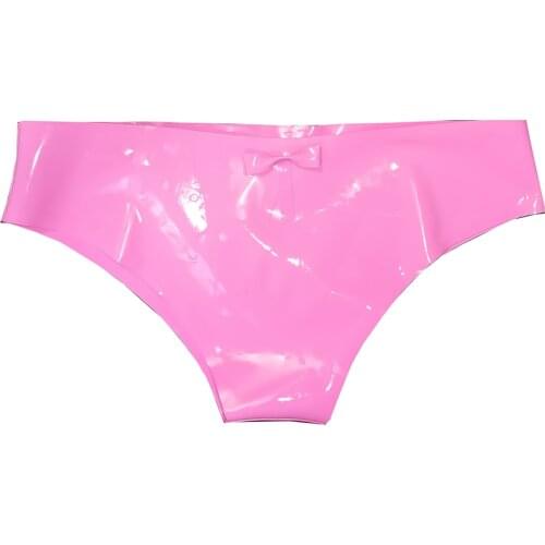 Female Sexy Pink Latex Briefs Low Waist Rubber Girl Tight Shorts With Bow-Knot Handmade RPW009