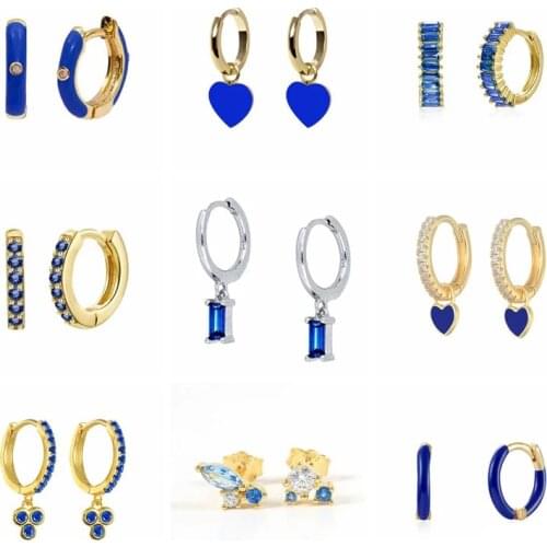 Aide 925 Sterling Silver Blue Crystal Series Hoop Earrings For Women Fashion Enamel Dripping Oil Heart Charm Piercing Earrings