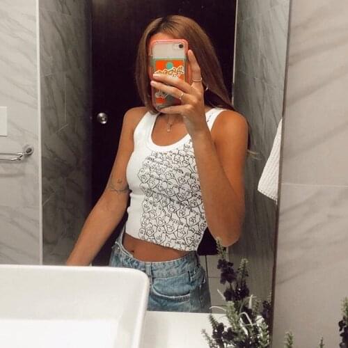 2021 Women Ribbed Tank Tops Sexy Sleeveless Cropped Vest Harajuku White Blue Slim Fit Printed Tops Fashion Summer Clothing