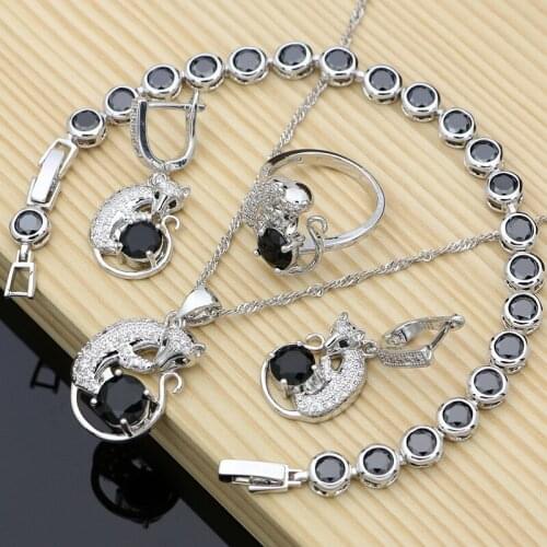 Cute Animal 925 Silver Jewelry Sets Black Cubic Zirconia For Women Party Earrings Rings Fox Jewelry Kits