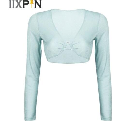 Womens Sexy Crop Top Long Sleeves Sheer Mesh T-shirt Shiny Glittery Deep V Neck Triangle Buckle Front Sexy Crop Tops Tee T Shirt