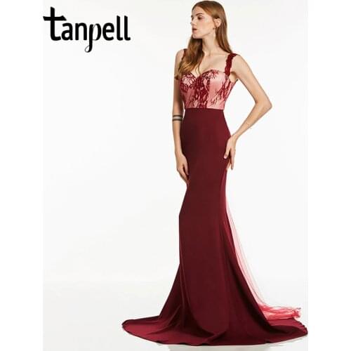 Tanpell straps long evening dress elegant red lace sleeveless floor length gown cheap women formal prom mermaid evening dresses