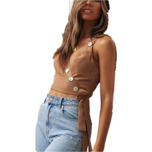 Women Vest Solid Color Slimming Sling Strap Button Decoration V-neck Bow Spring and Summer Vest Female White Khaki Size S To XL