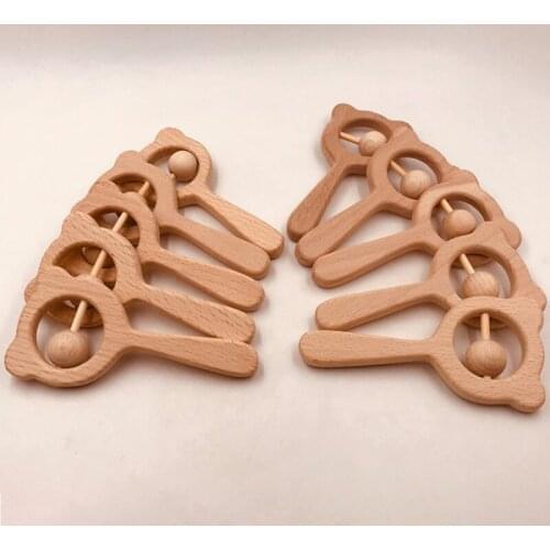 1pc Wooden Rattle Beech Bear Hand Teething Wooden Ring Baby Rattles Toy