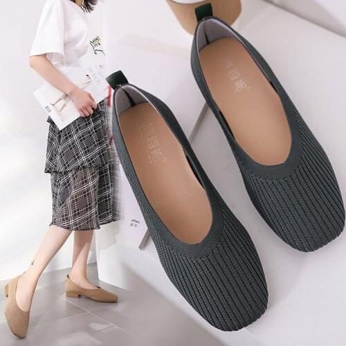 Autumn Ballet Flats Women Casual Knit Loafer Stretchy Square Toe Flat Heel Boat Shoes Summer Hollow Sandals