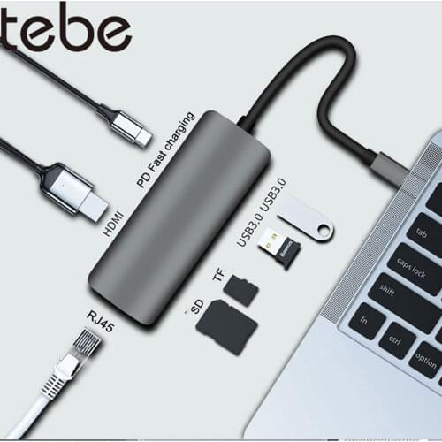 Tebe 7 IN 1 USB C Hub Adapter Type-c to HDMI RJ45 Gigabit Ethernet USB3.0 SD/TF Docking Station PD Fast Charging Hub for Macbook