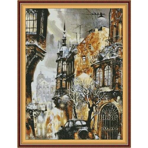 Joy Sunday City Corner Retro Pattern Series Cross Stitch Kits DMC 11&14CT Printed Cotton Fabric Beginner Home Decor Painting