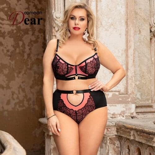 Comeondear Sexy Lingerie 2Pcs Pink High Waist Push Up Underwear For Women Plus Size Lace Bralette Splice Bra Set Panties RA80886