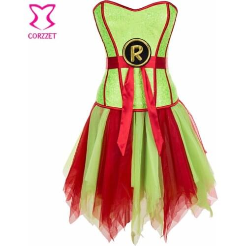 Sequins Corset Skirt Mask Outfits Burlesque Dress Halloween Costumes Sexy Korsett For Women Robin Supergirl Corsets Dresses