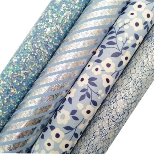Blue Glitter leather, Flowers Stripes Printed synthetic leather, Crack Faux Leather Sheets For Bows DIY 21x29CM KM793