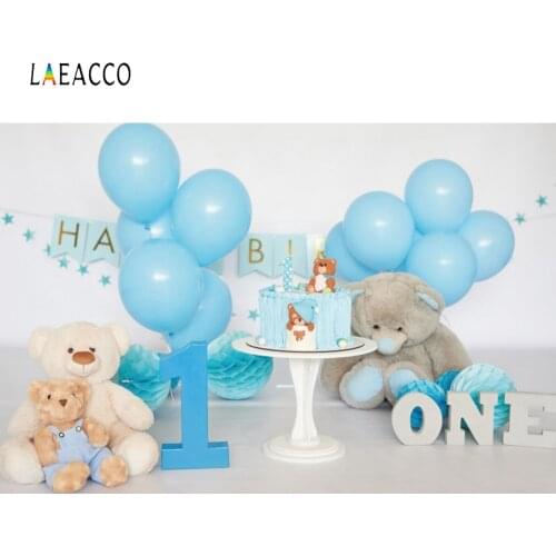 Laeacco Blue Balloons Bears Plush Toys Cake Paper Balls Photography Backgrounds 1st Birthday Photophone Baby Newborn Photozone