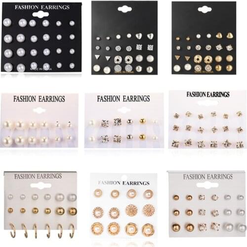 Fashion Crystal Simulated Pearl Earrings Set For Women Jewelry On Ear Ball Stud Earrings kit Geometric Rhinestone Bijoux 2019