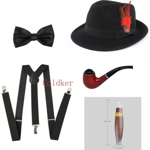 Men Cosplay Costumes Gangster 1920s 1930s Hat Braces Tie Cigar Y-Back Suspenders Halloween Christmas Accessory