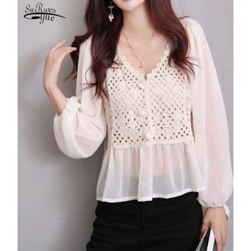 New Fashion Knitted Chiffon Women Blouse Tops Casual V Neck Puff Sleeve Women Shirt Elegant White Apricot Clothing Blusas 13816