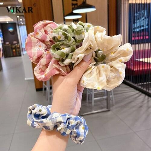 New Women Plaid Embroidery Small Daisy Hair Ring Girls Korea Simple Temperament Pastoral Style Hair Rope Accessories Headwear